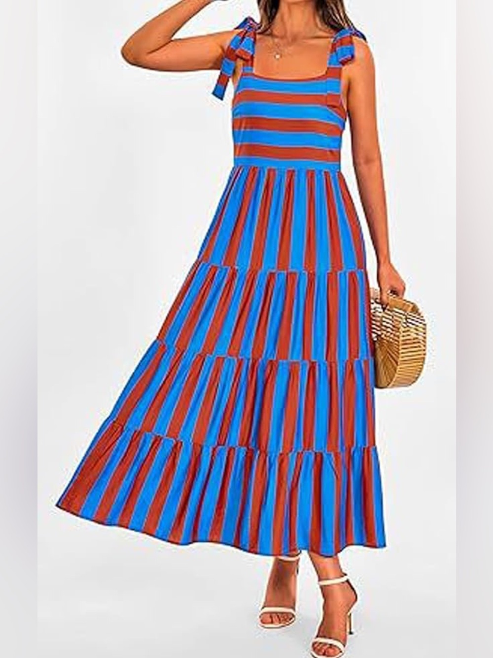 NWT PrettyGarden Striped Tie-Shoulder Maxi Dress Blue Red S
